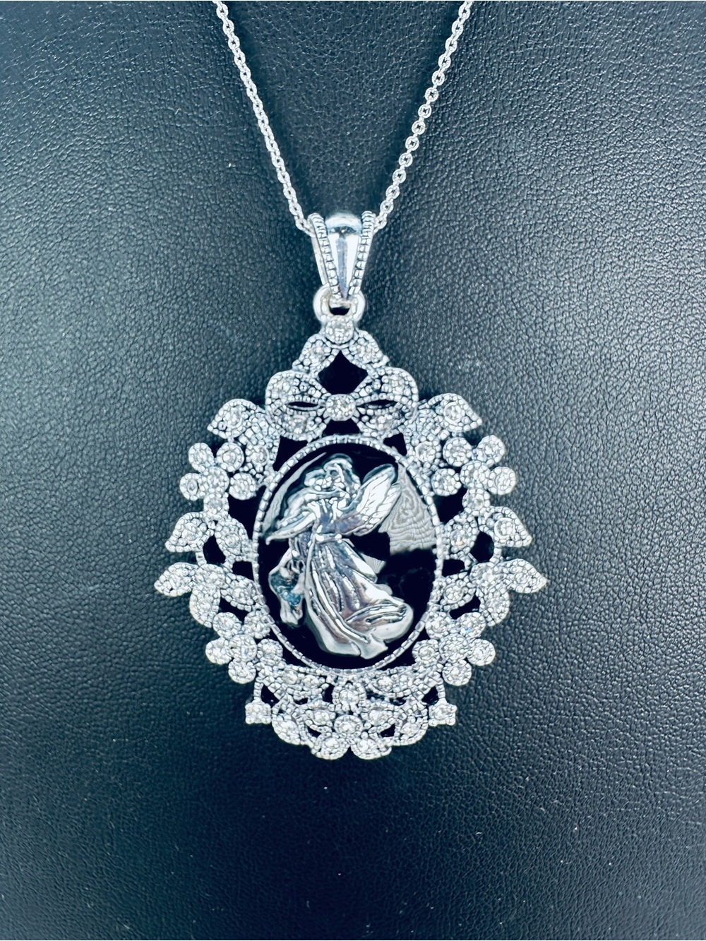 JTV Guardian Angel Necklace Black Enamel Pendant Silver Tone Rhinestones Titanic